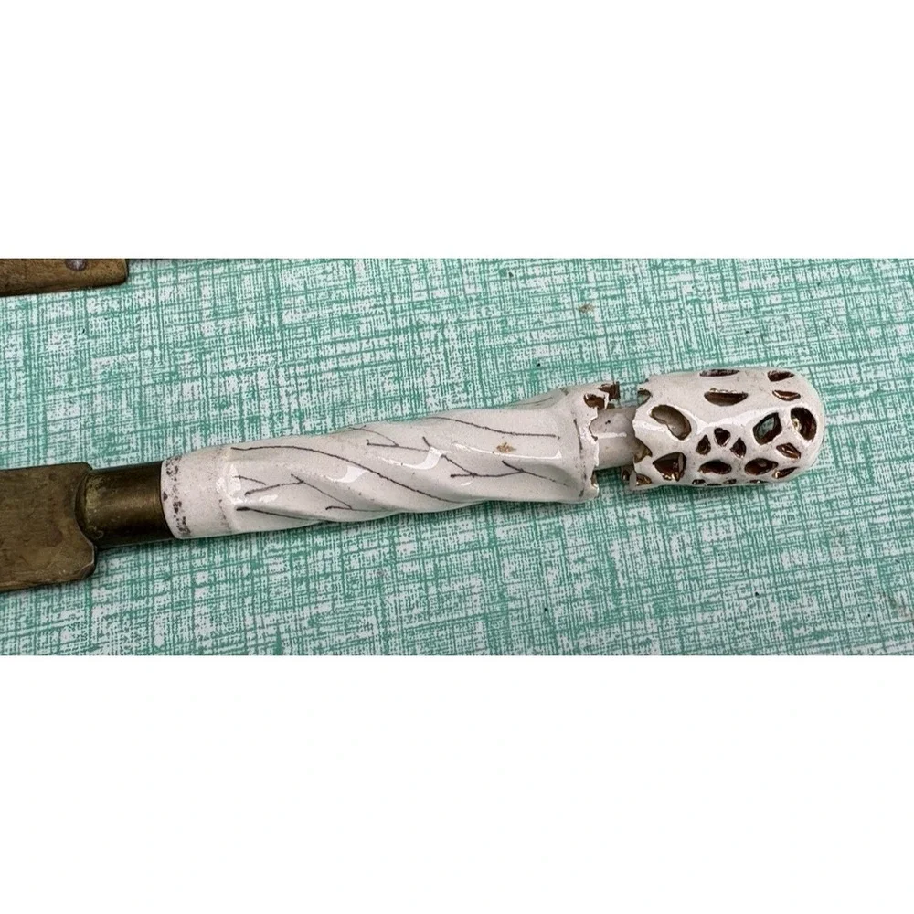 Vintage set of 6 bronze blade fruit knives Bohemia pierced porcelain handles